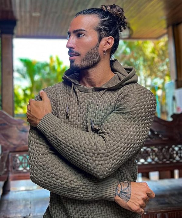 Mens Hooded Sweatshirt Long Sleeve Solid Knitted Hoodie Pullover Sweater - Image 2