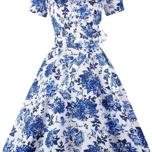 Women's Square Neck Dress Vintage 1950s Cocktail Party Dress with Puff Sleeves